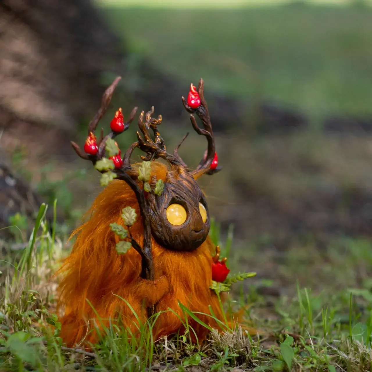 Wood Spirit Litha Flame — fern flower and leaves detail close-up, handmade polymer clay fern accessory and amber glowing eye, artisan collectible figurine