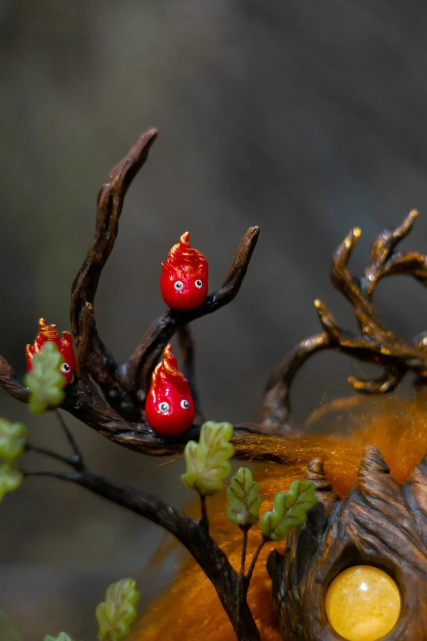 Wood Spirit Litha Flame in summer forest — collectible handmade art figurine for fantasy and Midsummer-themed home décor