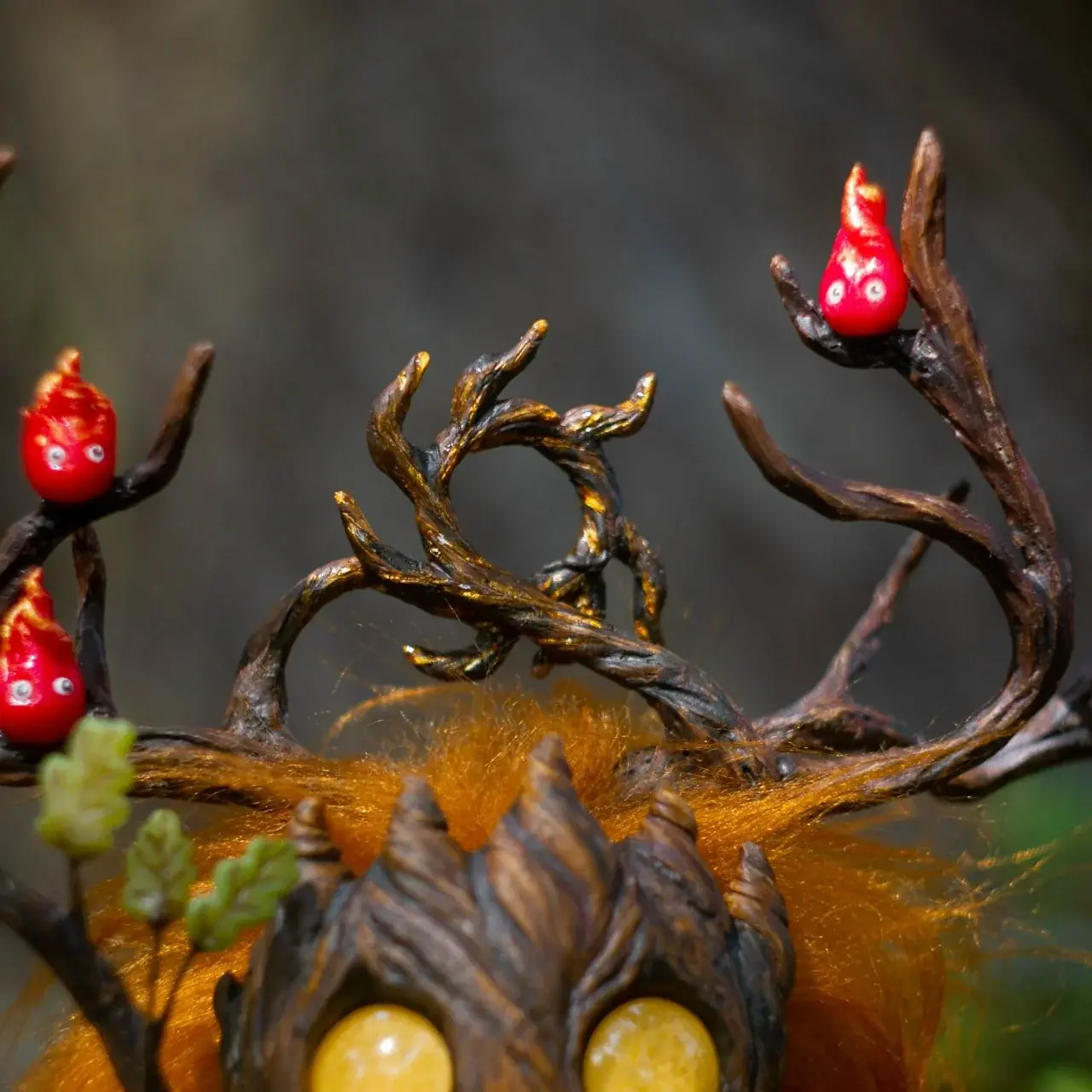 Wood Spirit Litha Flame — front view, vivid orange faux fur with carved wooden mask and amber glass eyes, Midsummer forest spirit collectible figurine