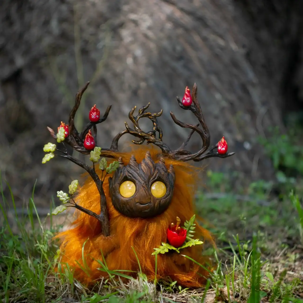 Wood Spirit Litha Flame — handmade collectible art figurine, Midsummer guardian with fire spirits on antlers and fern flower, artisan fantasy home décor