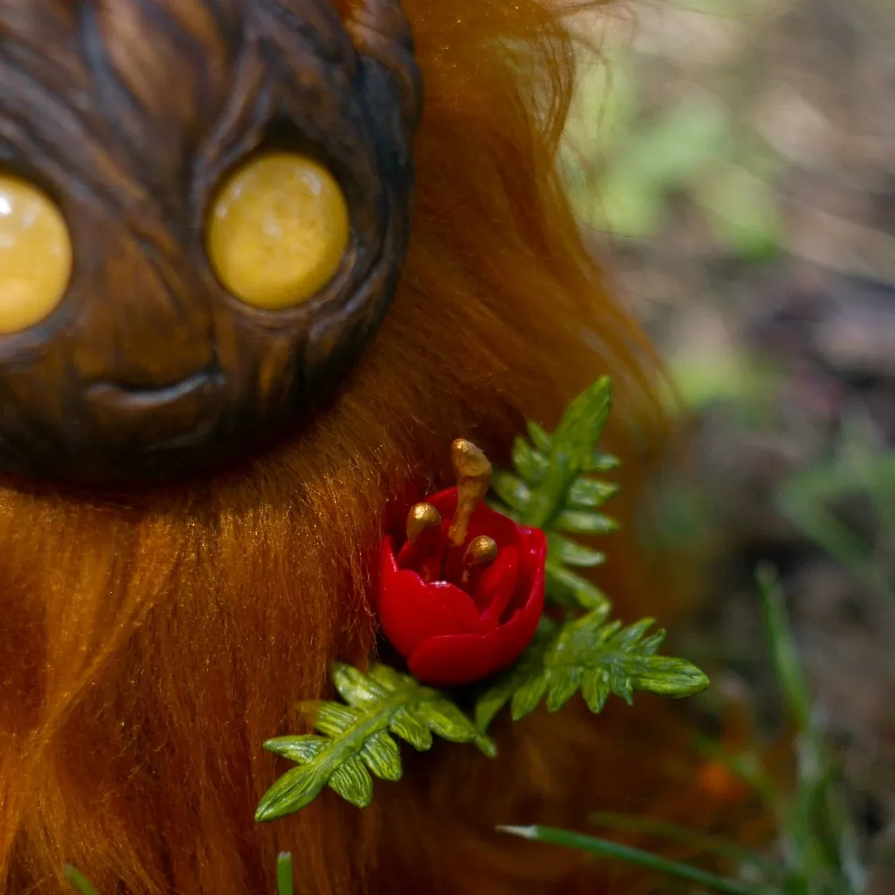 Wood Spirit Litha Flame — rear view on grass, rich orange fur and sun-shaped antlers with red fire spirits, handmade woodland creature sculpture