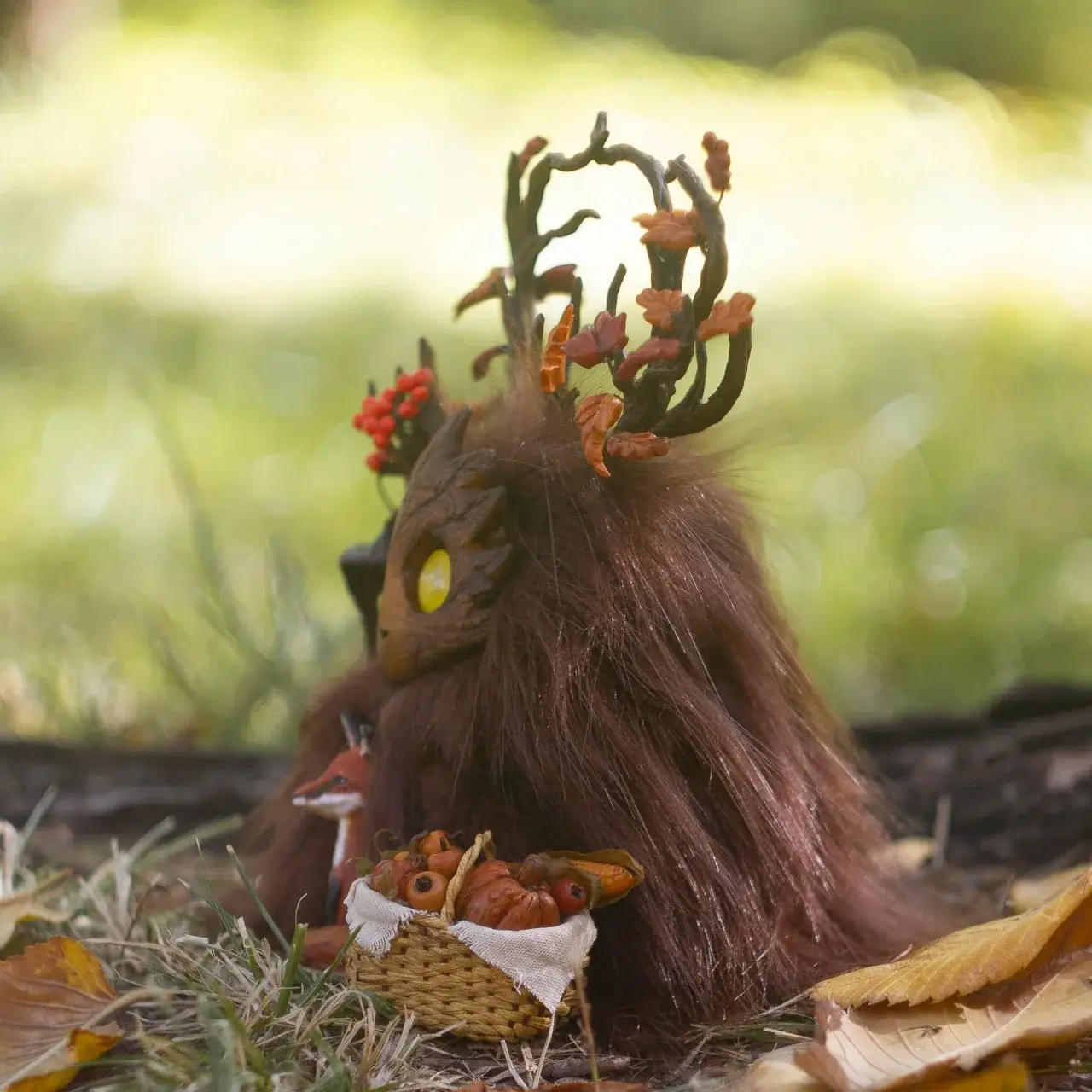 Wood Spirit Mabon Rustle — side profile with lantern and rowan, carved wooden mask with amber glass eyes, handmade autumn forest spirit collectible figurine