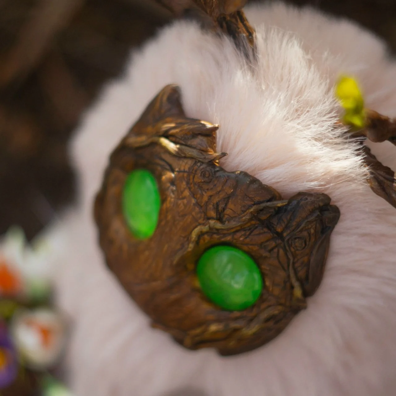 Wood Spirit Ostara's Breath — detail of budding antlers with small birds' nests and early spring leaves, handmade from polymer clay
