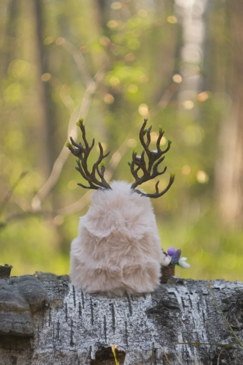 Hare companion and glass orb with green sprout of Wood Spirit Ostara's Breath — handmade polymer clay miniatures, symbols of the Ostara spring festival