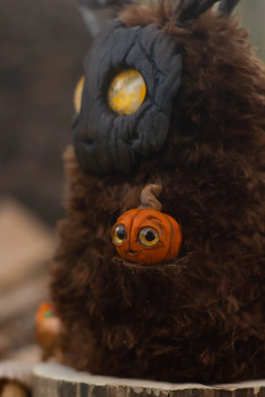 Candy cauldron and bat companion of Wood Spirit Samhain Whisper — handmade polymer clay miniatures, Samhain collectible figurine accessories