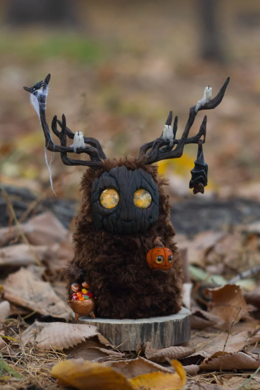 Wood Spirit Samhain Whisper — handmade collectible art figurine, Halloween forest spirit with pumpkin, cauldron and bat, artisan gothic décor